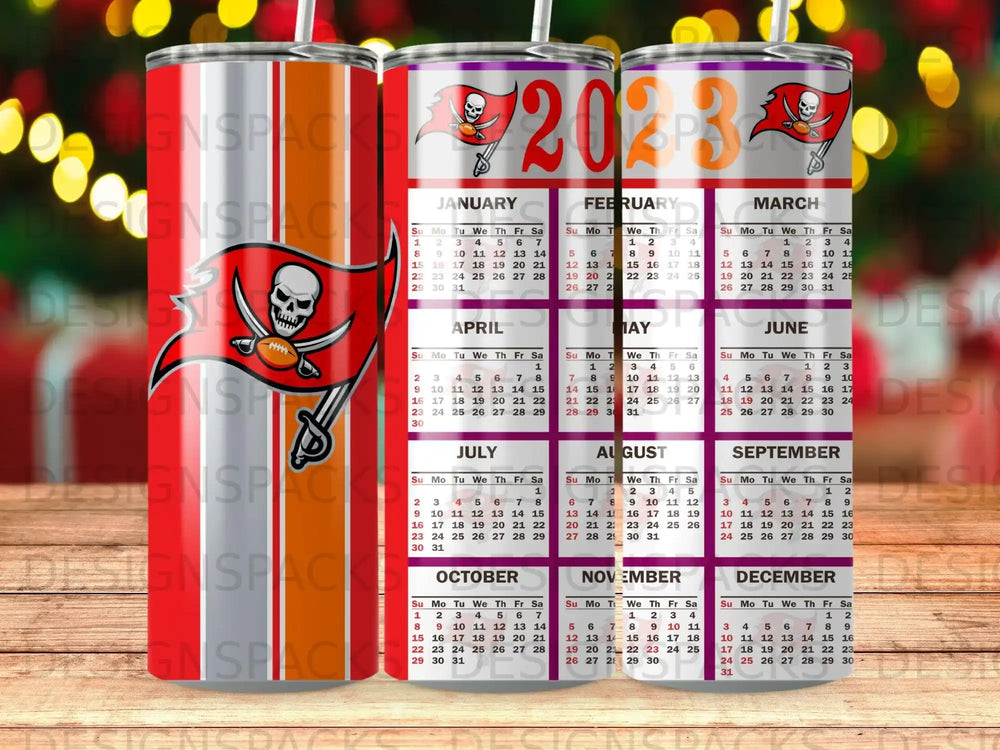 Tampa Bay Buccaneers 2023 calendar tumbler with team logo and repeating design.