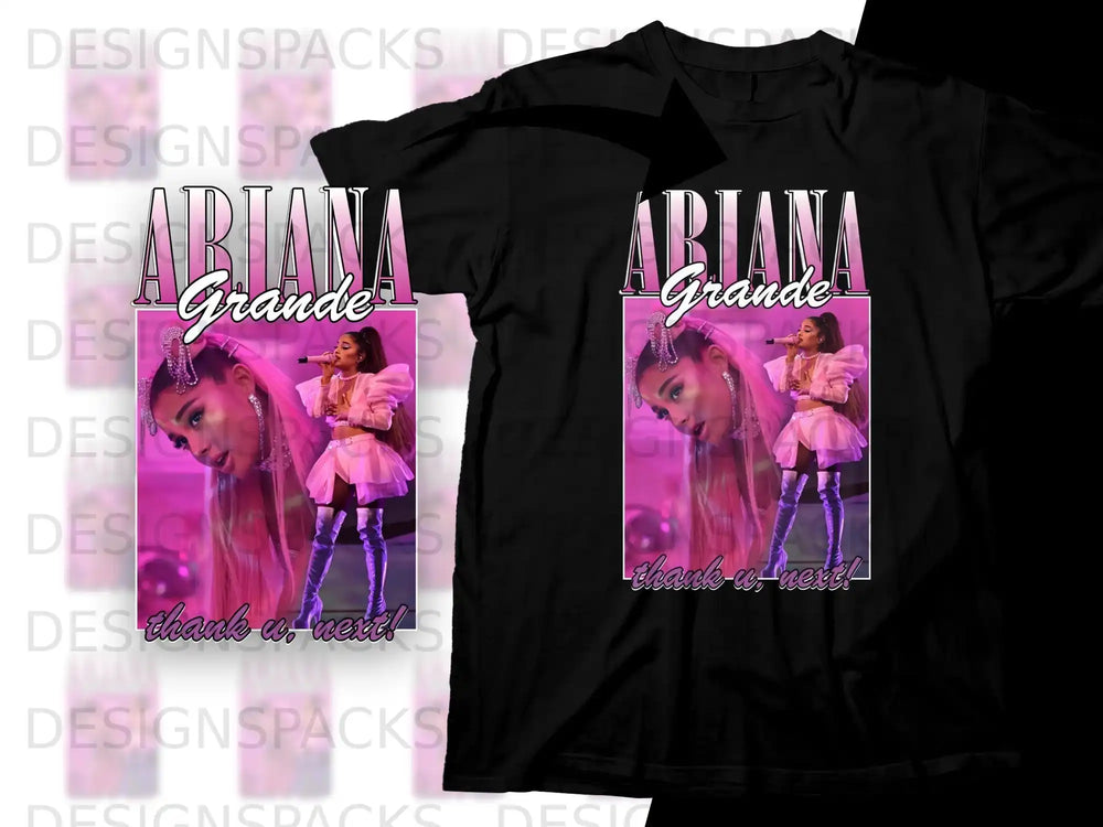 Ariana Grande wearing pink outfit with "thank u, next" text on black t-shirt.
