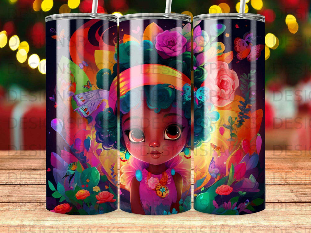 Child with colorful flowers and butterflies on a vibrant background.