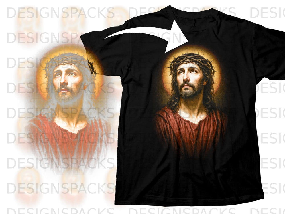 Black t-shirt featuring a realistic portrait of Jesus with a crown of thorns and halo.
