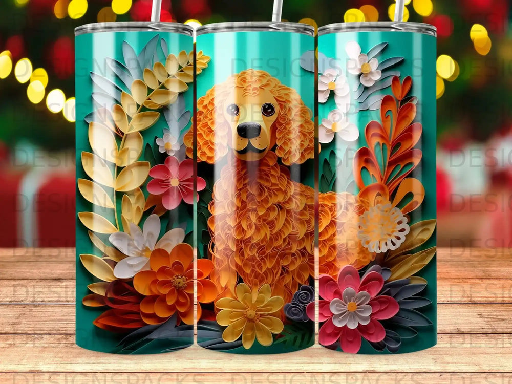 Golden retriever in floral arrangement with teal stripes.