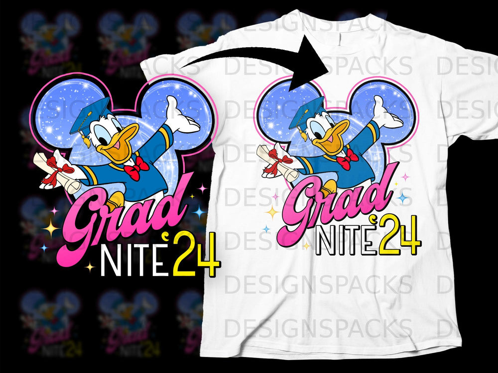 Donald Duck in graduation cap with diploma, text "Grad Nite 24".