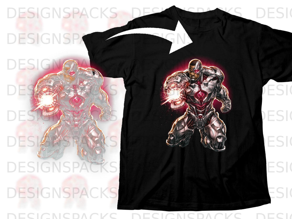 Black t-shirt with Cyborg artwork and a white arrow pointing from left to right.
