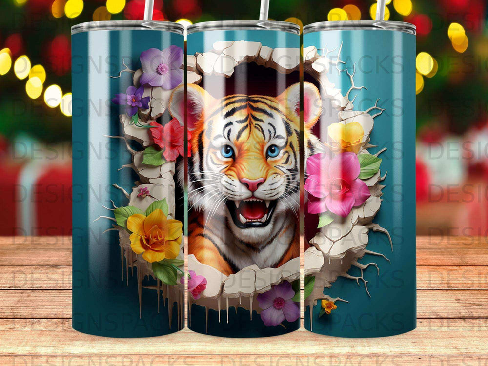 Tiger face breaking through cracked wall with flowers.