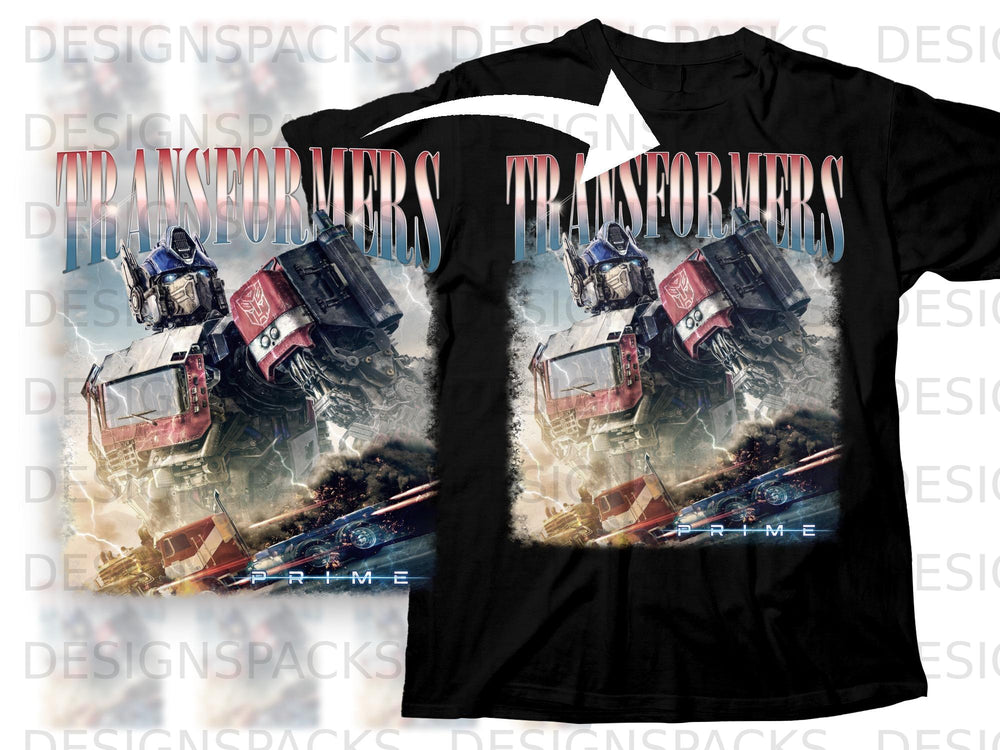 Optimus Prime and Transformers text on a black t-shirt with a stormy background.