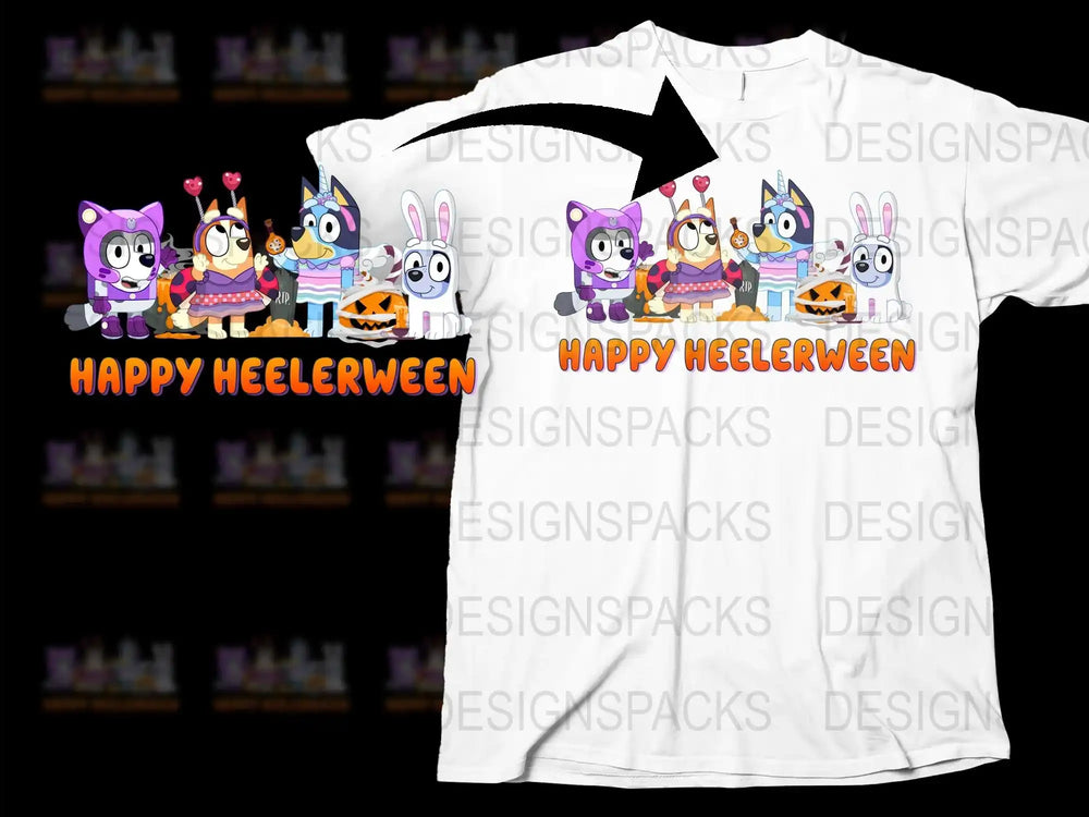 Happy Heelerween T-Shirt, Cute Cartoon Dogs, Halloween Costume Tee, Family Party Outfit, Kids and Adults Sizes Available