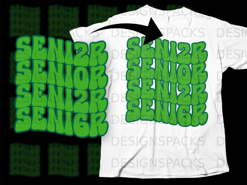 Green text graphic of "SENIOR" repeated four times on a white t-shirt.