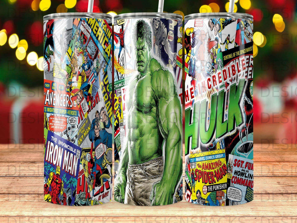 Hulk and Avengers comic panels wrap around a tumbler design.