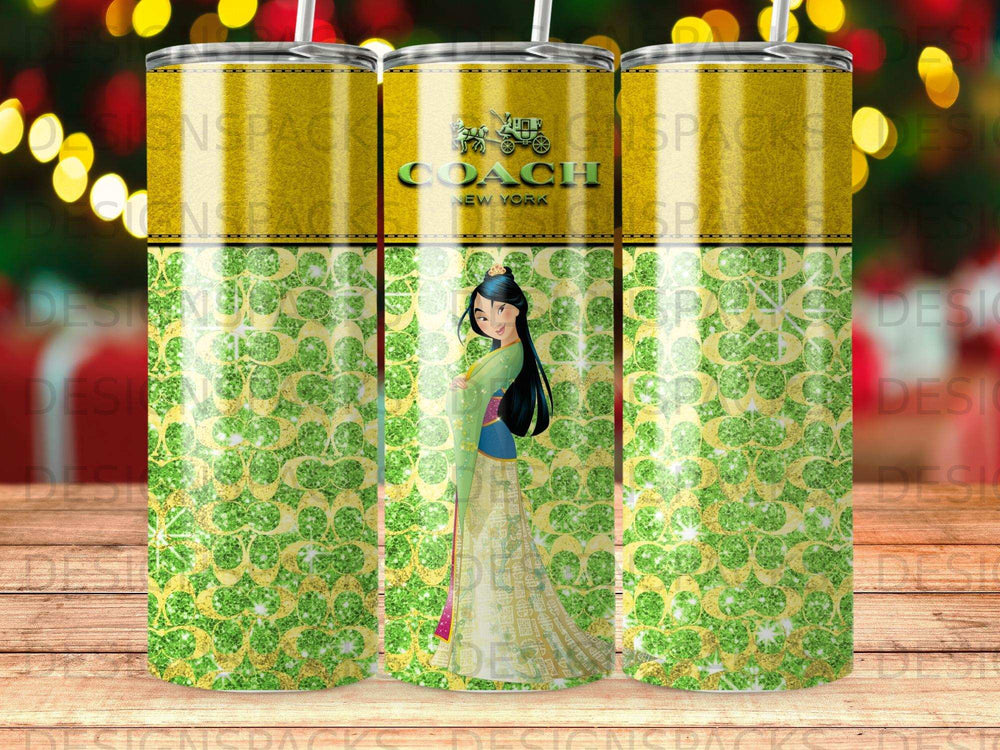 Coach New York tumbler with Mulan character and green glitter pattern.