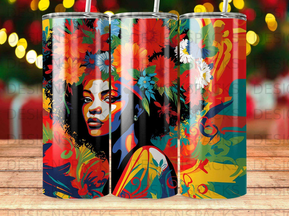 Stylized portrait of a woman with a floral headdress against a vibrant, abstract background.