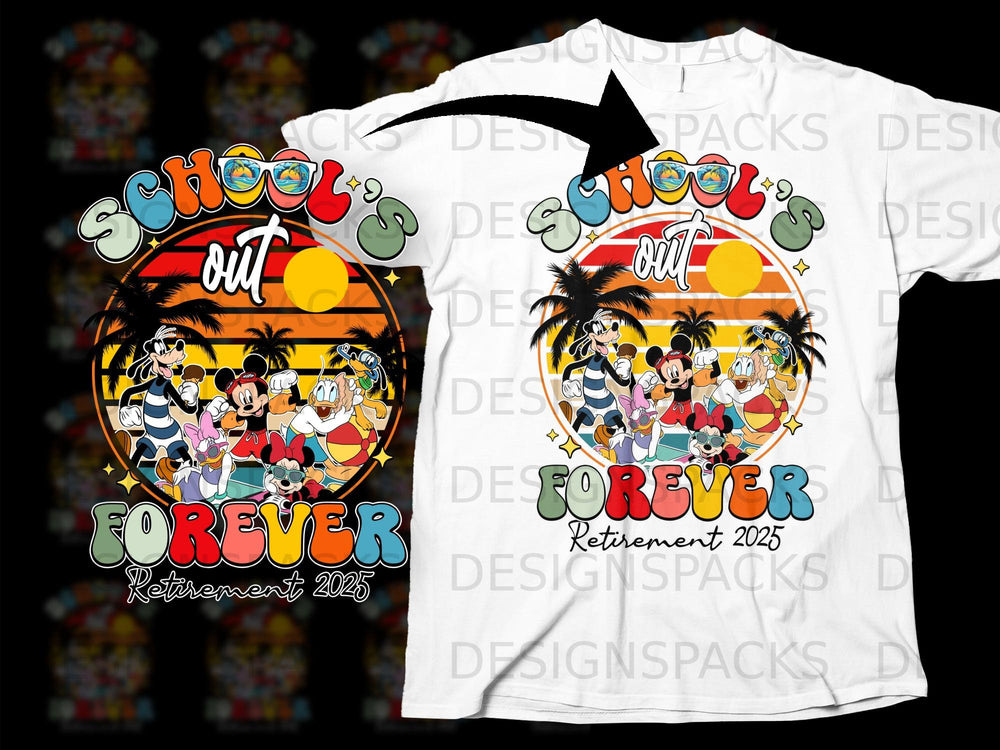 Mickey and friends celebrate "School's Out Forever Retirement 2025" with a sunset beach design.