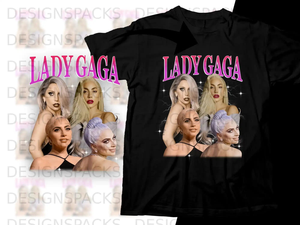 Lady Gaga collage graphic on black t-shirt.