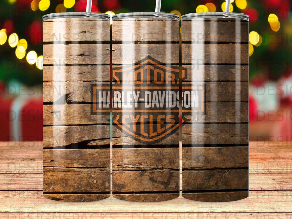 Harley-Davidson Cycles logo on distressed wood background tumbler.