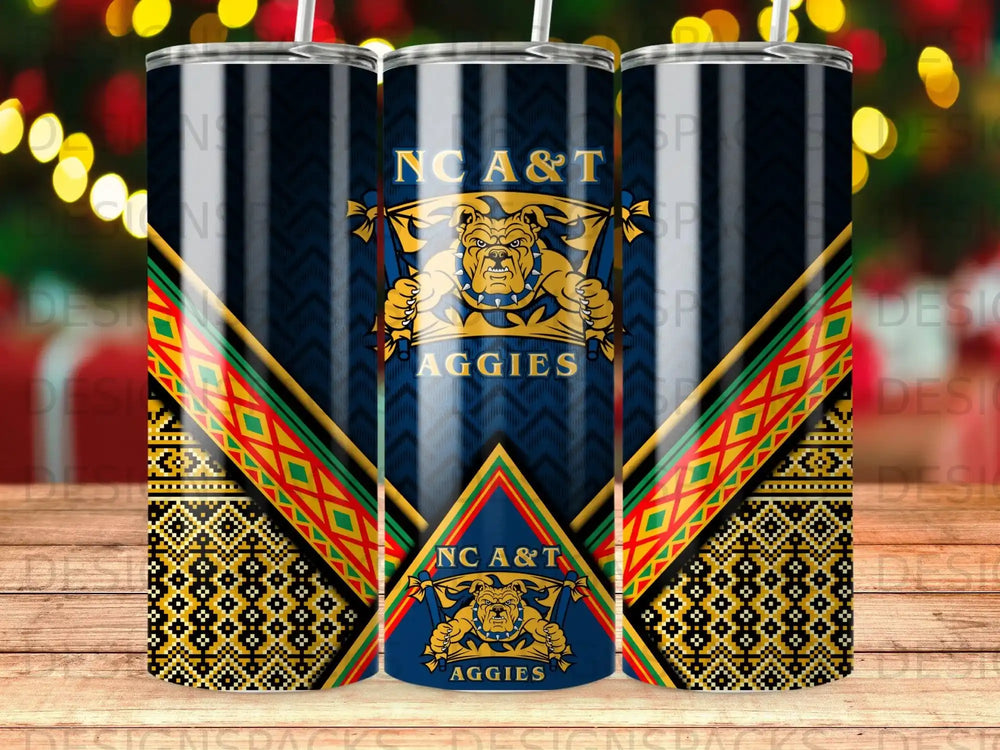 NC A&T Aggies tumbler with a bulldog mascot and gold, green, and red accents.