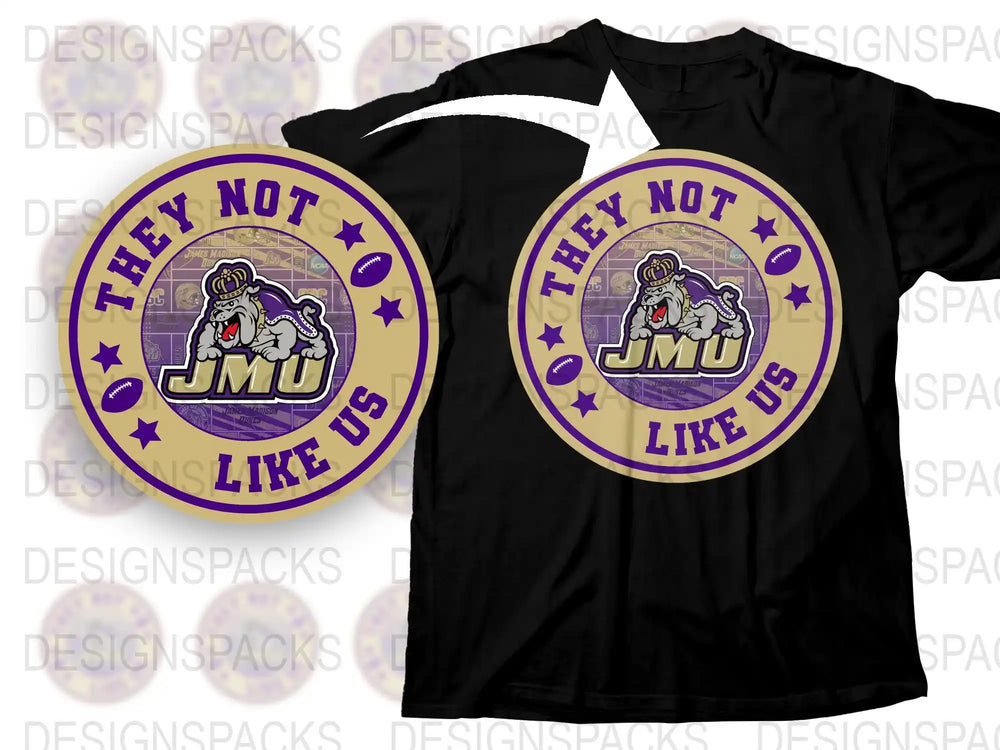 JMU Purple and Gold T-Shirt, 'They Not Like Us' Dog Mascot Graphic Tee, Unisex College Apparel
