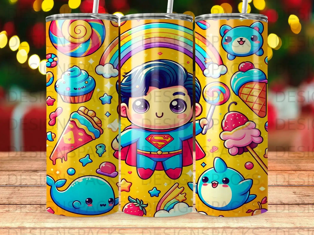 Superman and cute cartoon food and animals on a yellow background.