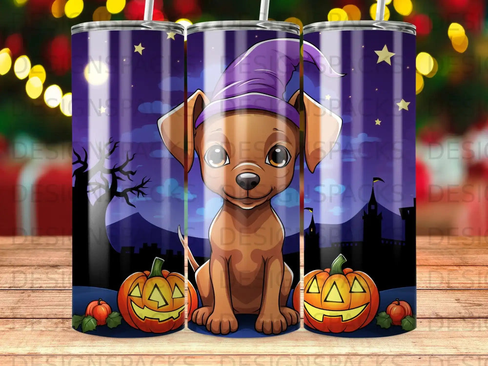 Cute puppy wearing a witch hat with Halloween pumpkins and spooky background.
