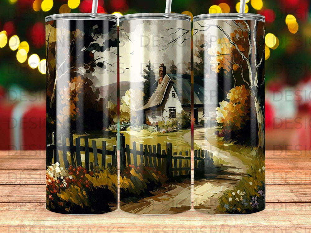Rustic cottage with a fence and autumn foliage, digital art tumbler design.