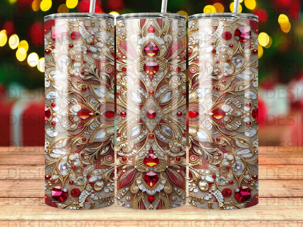 Ornate tumbler with red gems, gold, and crystals on a bokeh background.