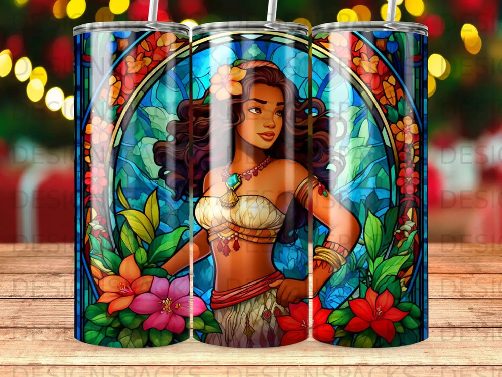 Woman in colorful tribal attire surrounded by stained glass flowers.