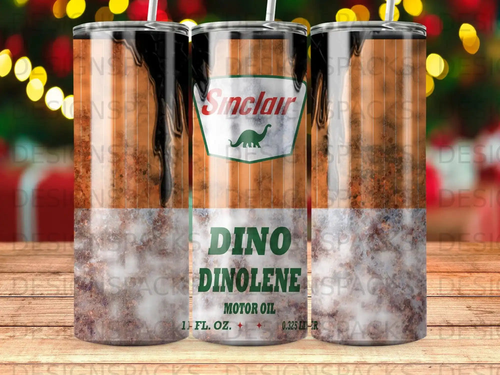 Sinclair Dinolene motor oil tumbler with vintage logo and oil splatter design.