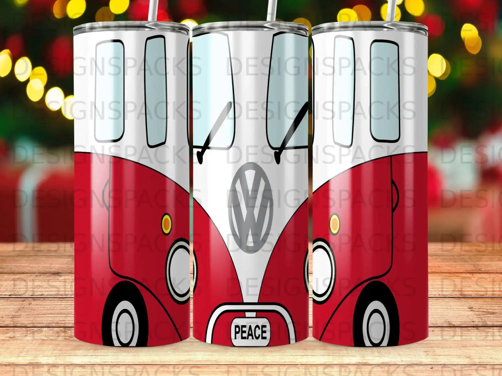 Red and white Volkswagen bus design with "PEACE" text and repeated "GINSPACKS" watermark.
