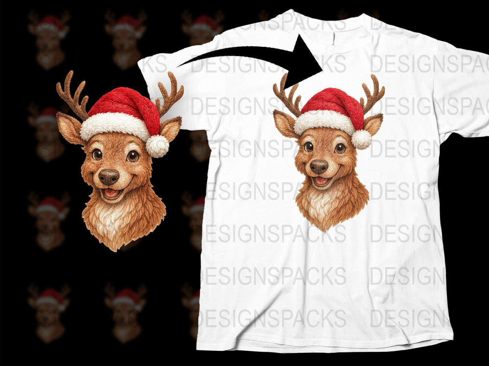 Christmas Reindeer T-Shirt with Cute Santa Hat, Holiday Festive Graphic Tee, Unisex Casual Wear