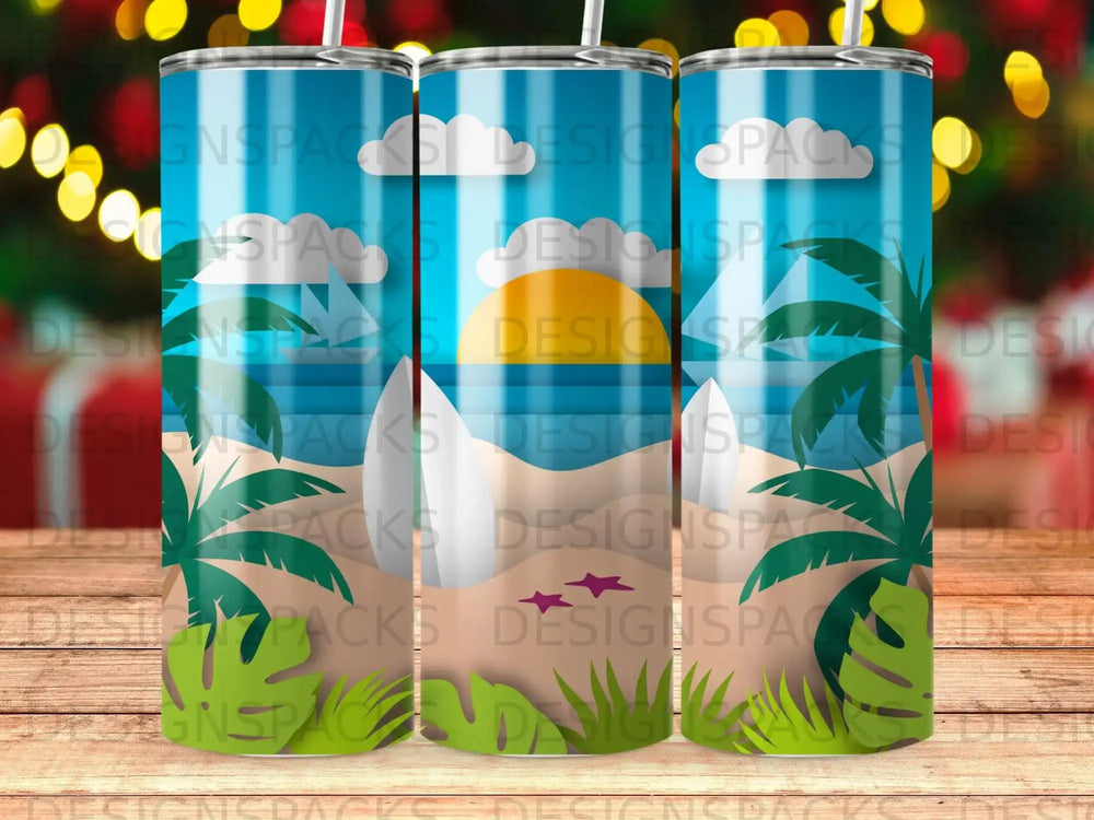 Three tumblers with a beach scene and palm trees.