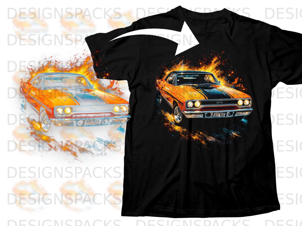 Black t-shirt with orange GTX car graphic featuring flames and paint splatters.