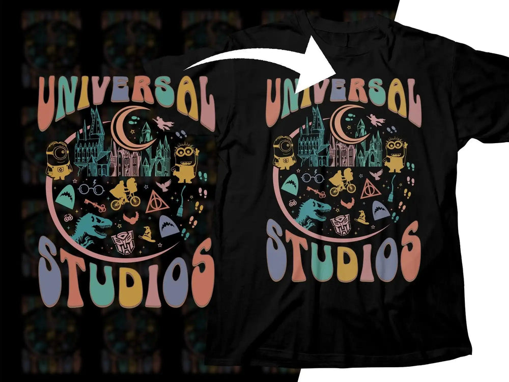 Universal Studios themed black t-shirt with colorful icons and characters