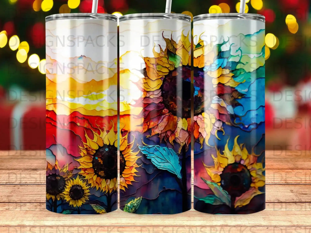 Three tumblers with vibrant sunflower art and abstract colorful backgrounds.