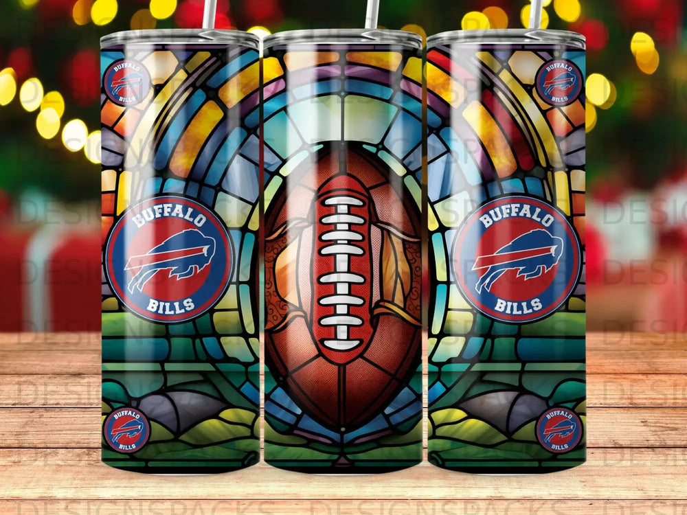 Buffalo Bills football stained glass design on three tumblers.