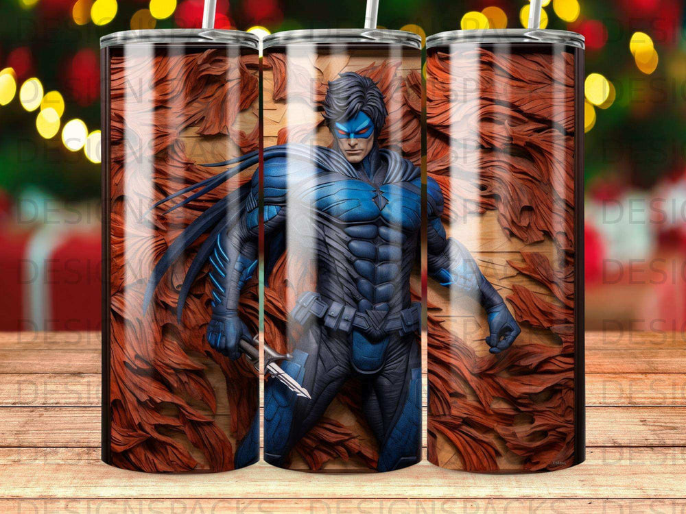 Nightwing character illustration on a cylindrical tumbler with wood grain background.