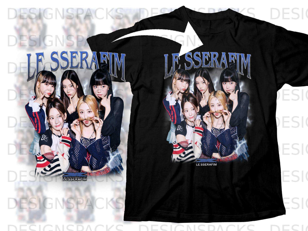 Le Sserafim group members posing with colorful outfits, black t-shirt design.