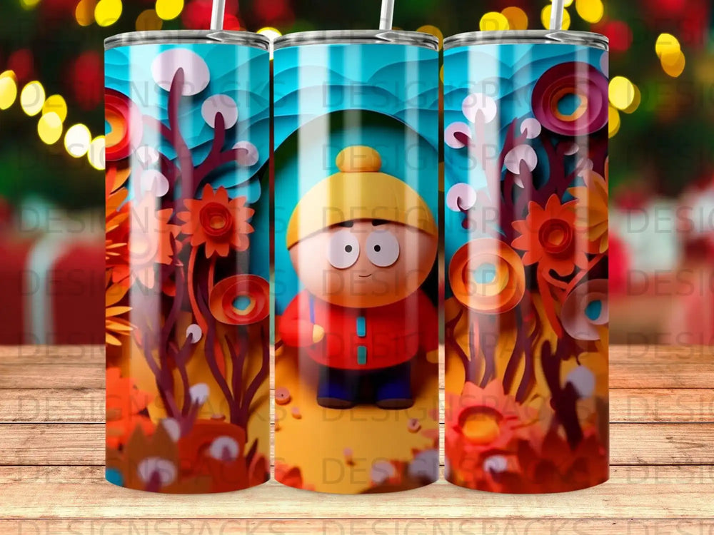 Cartoon character with red hat and jacket against a colorful, abstract background.