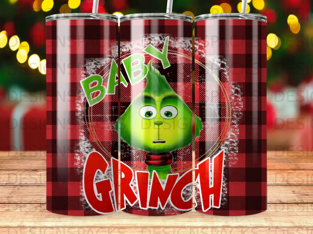 Grinch character in red and black buffalo plaid pattern tumbler.