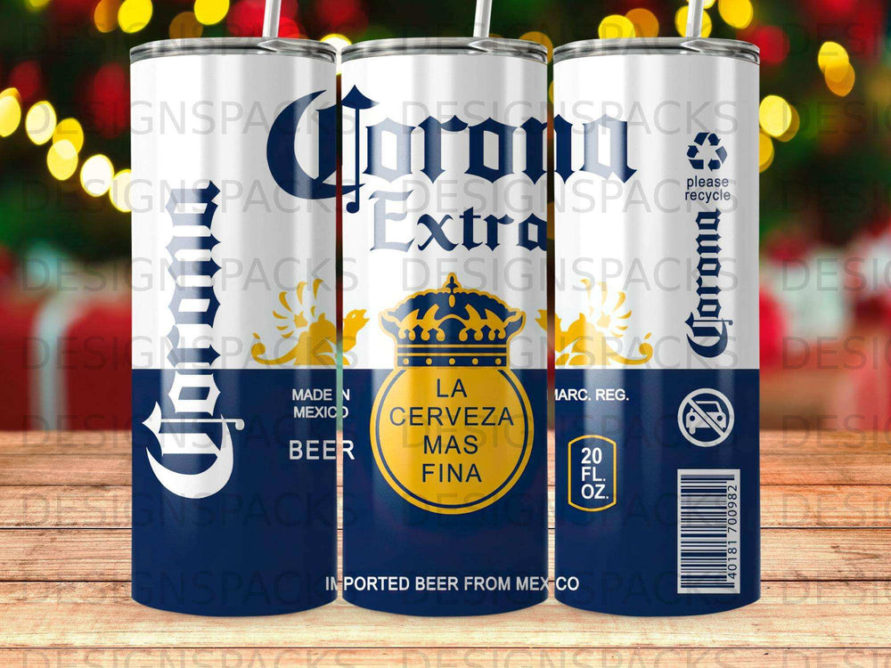 Corona Extra beer tumbler with logo and product information.