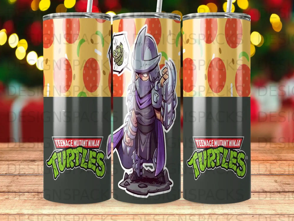 Teenage Mutant Ninja Turtles character Shredder with pizza background.