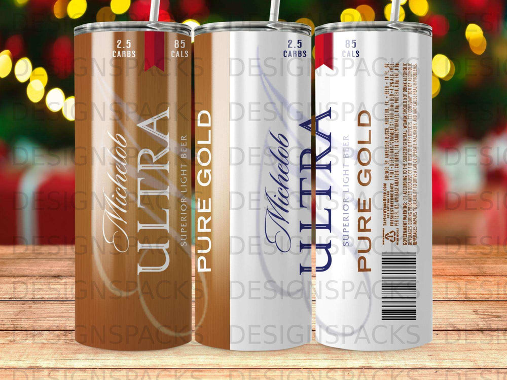 Michelob ULTRA PURE GOLD beer cans with nutrition facts and warning labels.