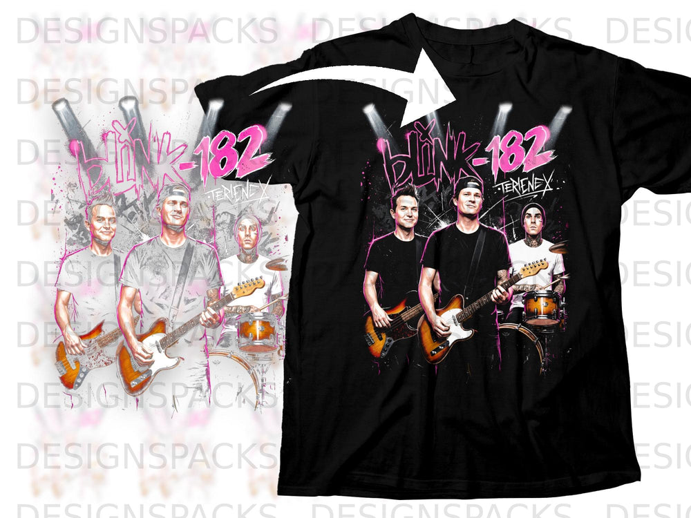 Black t-shirt with artwork of blink-182 band members playing instruments.