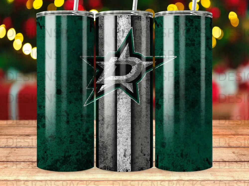 Dallas Stars logo on a textured green and grey tumbler.