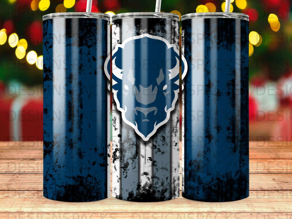 Tumbler with distressed blue and white Buffalo Bills logo.