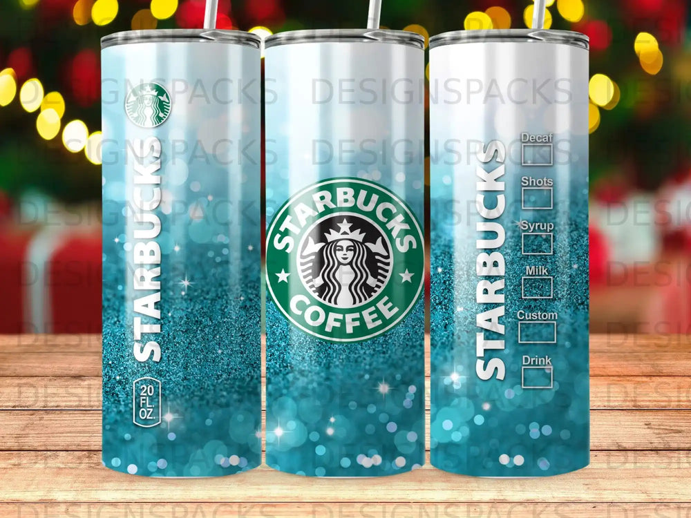Starbucks tumbler with coffee logo, glitter, and drink customization options.