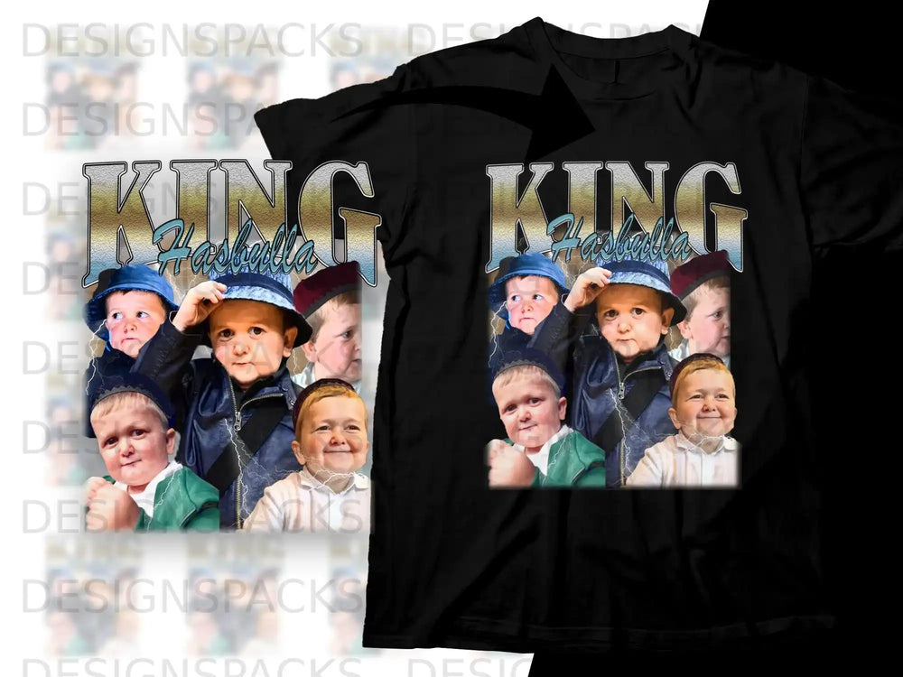 Black t-shirt with a collage of a young boy's face wearing a hat.