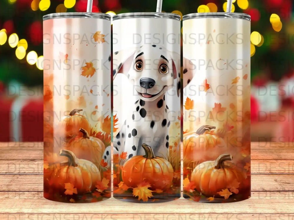 Dalmatian with pumpkins on a tumbler, with "DESIGNSPACKS" watermark.