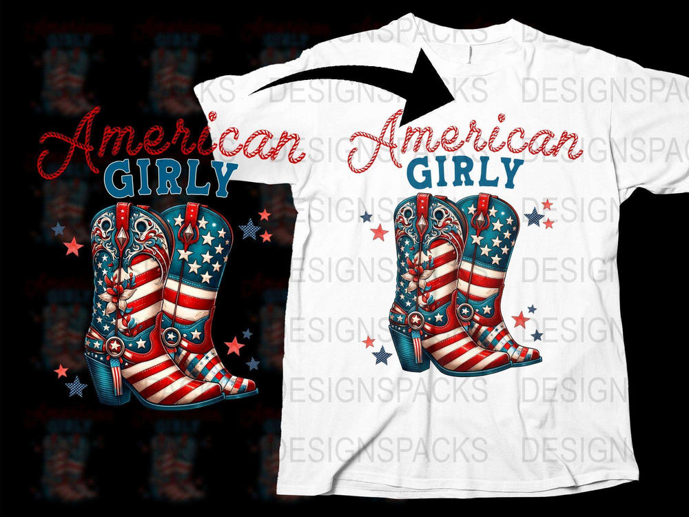 American Girly T-Shirt with Patriotic Boots Design, USA Flag, Red White and Blue, Casual Wear for Women and Girls