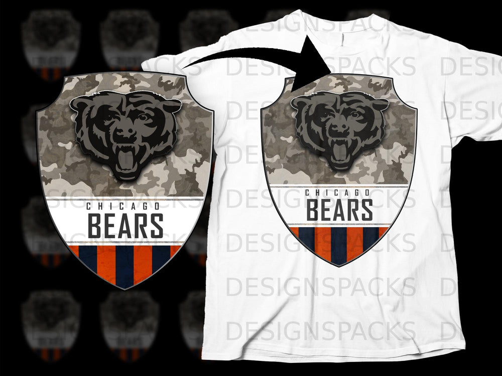 Chicago Bears logo with a camouflage background on a white t-shirt.