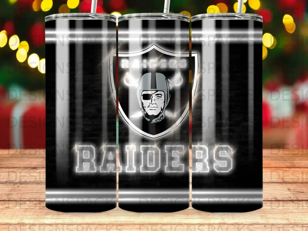 Las Vegas Raiders logo on a black tumbler with neon green accents.