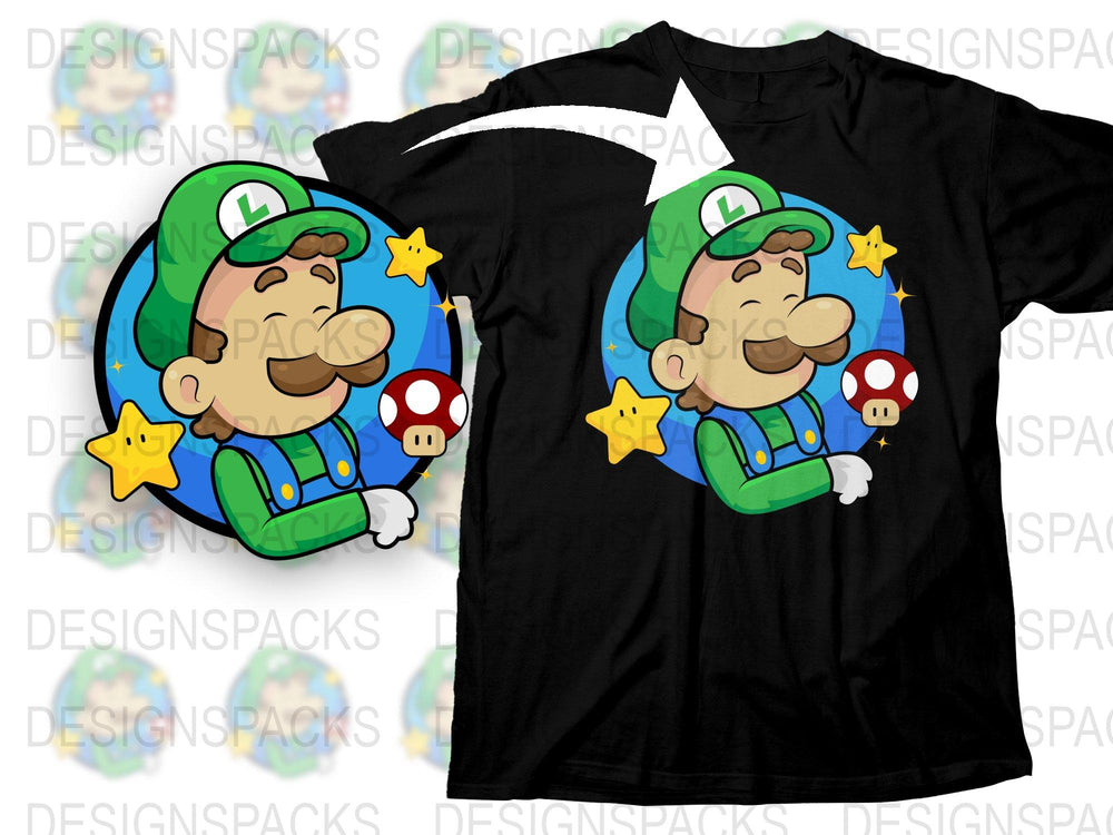 Luigi Inspired Graphic T-Shirt, Retro Video Game Character Tee, Mushroom and Star Design, Unisex Black Cotton Shirt