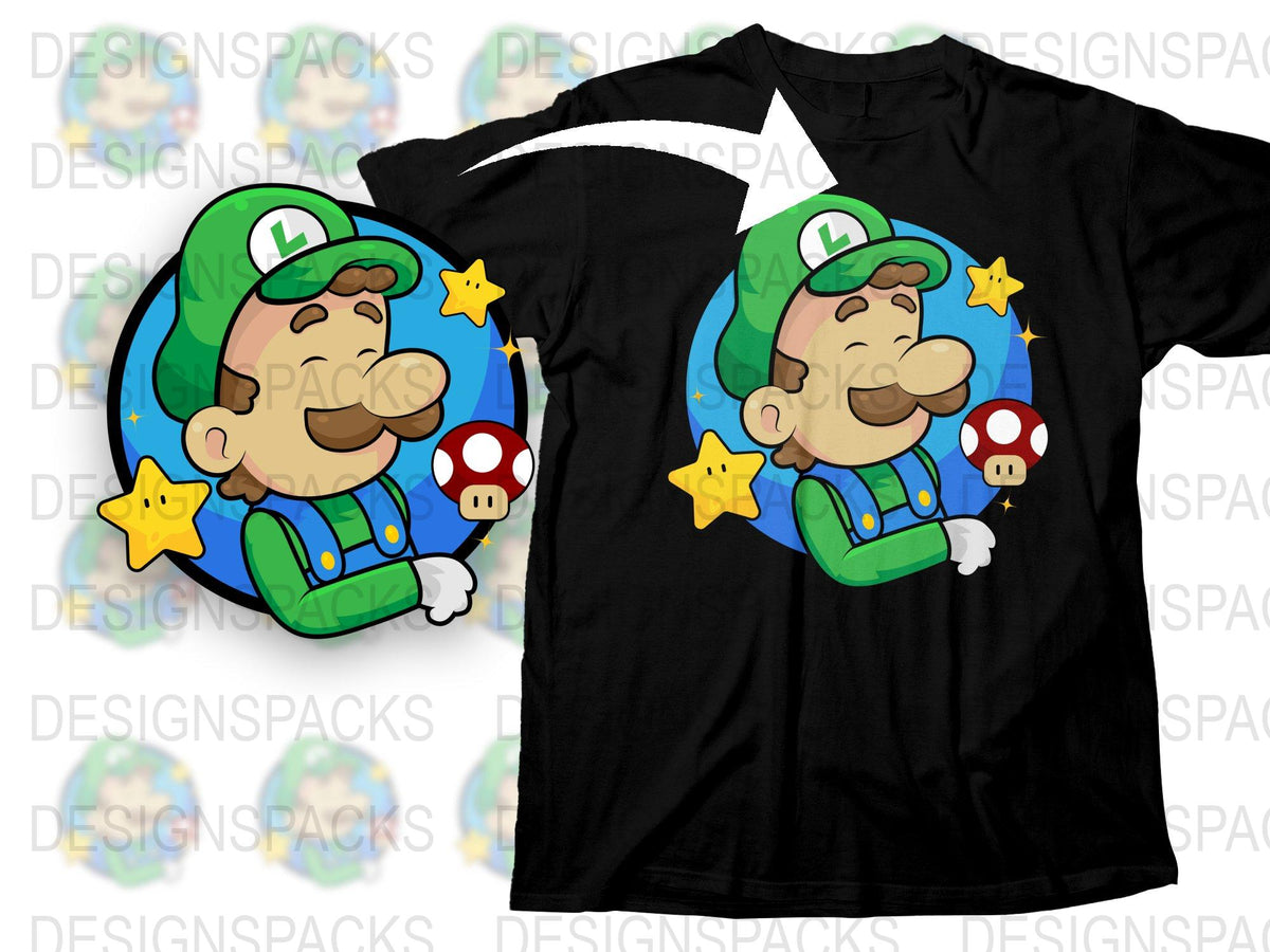 Luigi Inspired Graphic T-Shirt, Retro Video Game Character Tee, Mushroom and Star Design, Unisex Black Cotton Shirt